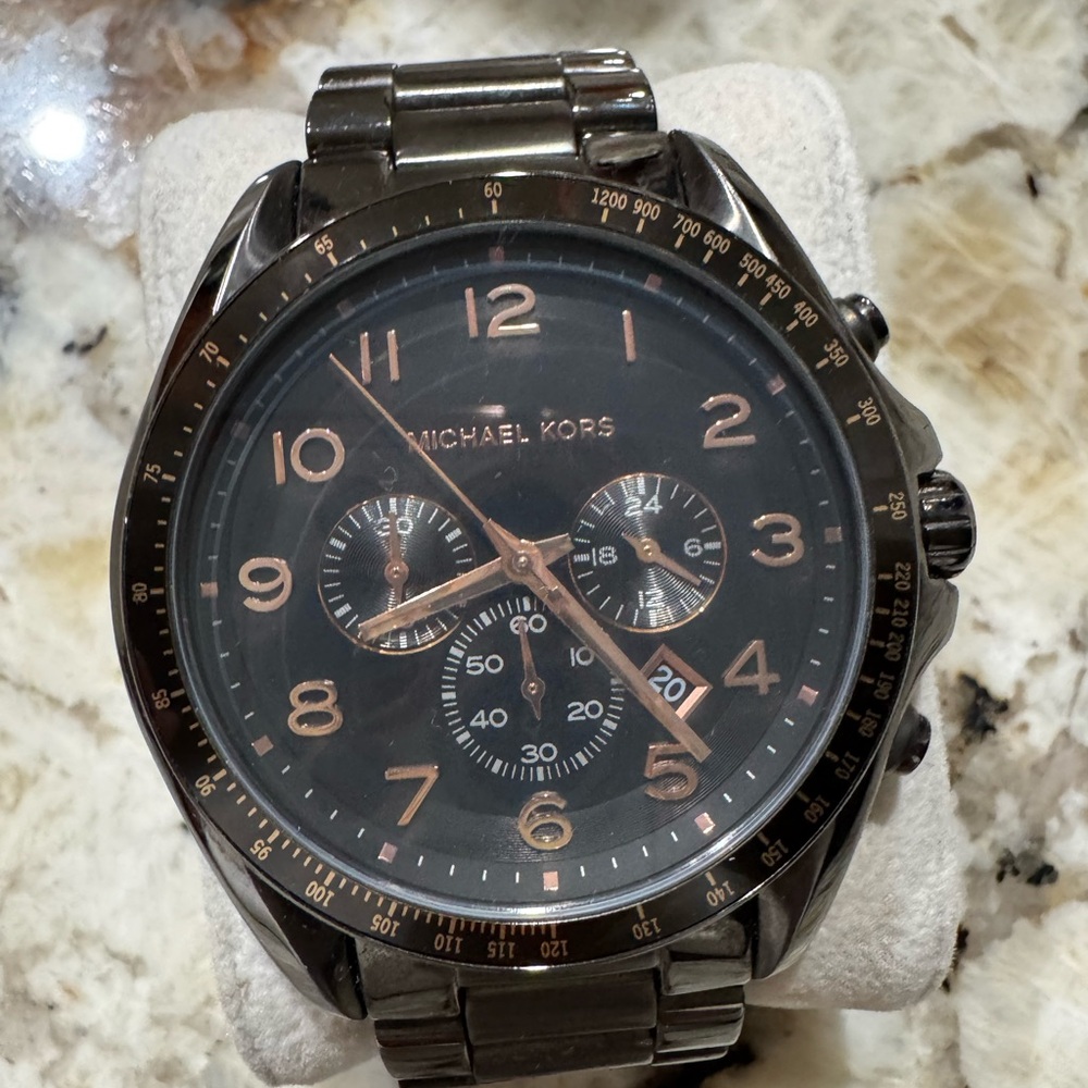 Michael Kors Gunmetal Chronograph Watch - Black Dial / Rose Gold Accents